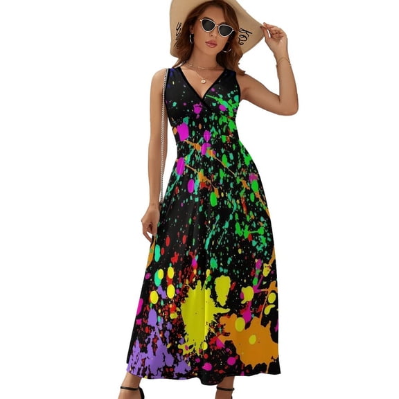 Neon Splatter Paint Womens Night Club Maxi Dress V Neck Sleeveless Bohemia Long Dresses