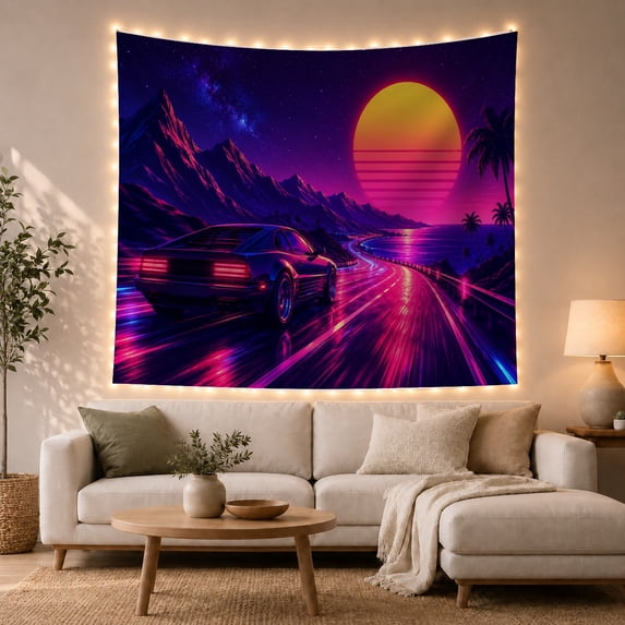 Neon Sports Car on Coastal Road with Mountains, Nostalgic Retro-Futuristic Poster for Men, Vaporwave Scene Wall Art Decor, Birthday Gift, Tapestry Wall Hanging for Dorm Room and Bedroom