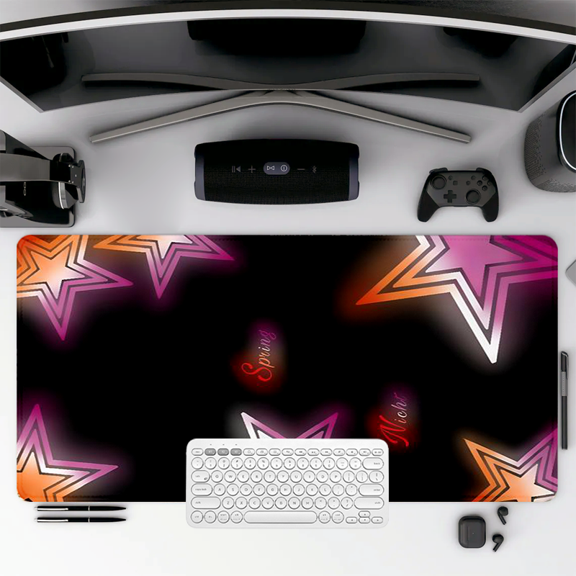 Neon Star Pattern Mouse Pad 35.4 x 15.8 Inches with Spring Night Text - Soft Rubber Desk Mat for Office, Gaming, Home, and Travel