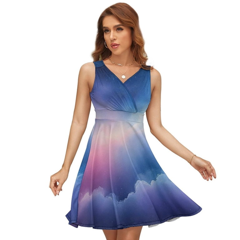 used azazie bridesmaid dress Blue Square Neck Starry Night Bow Swing Dress