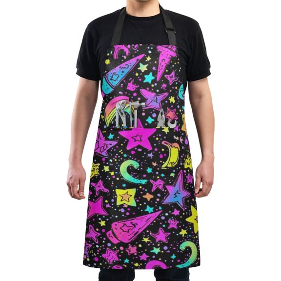 Neon Stars Print Chef Kitchen Apron with Pockets for Women Waterproof Aprons for Cooking Baking