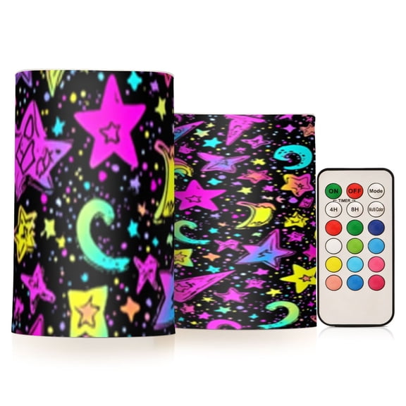 Neon Stars Print Flickering Flameless Candles Battery Operated with Remote Timer LED Pillar Candles Set of 2