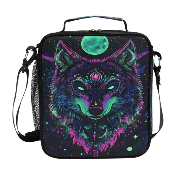 Neon Stars Wolf Head Moon Insulated Lunch Bag Reusable Lunch Box Lunch Container with Straps