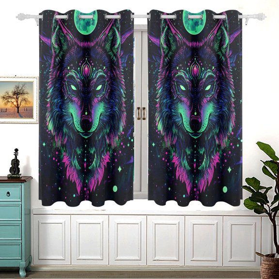 Neon Stars Wolf Head Moon Window Curtains Drapes with Grommets Light Filtering 2 Panels 54" x 55"