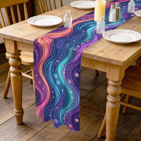 Neon Style 10ft Cheesecloth Table Runner for Wedding 27"x120", Abstract Boho Colorful Flowing Waves Kitchen Dinner Sheer Tulle Chiffon Dresser Scarf, Holiday Party Decorations