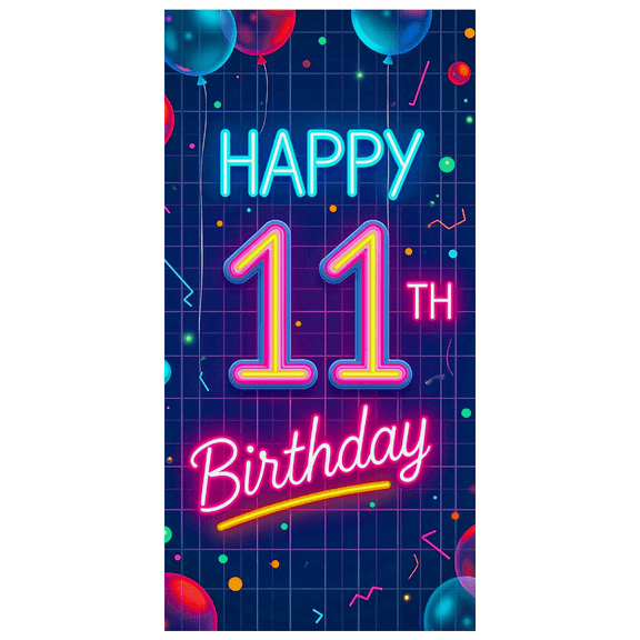 Neon Style 11th Birthday Banner Backdrop Happy Birthday Party Decorations Photography Props Balloon Themed Party Background Supplies