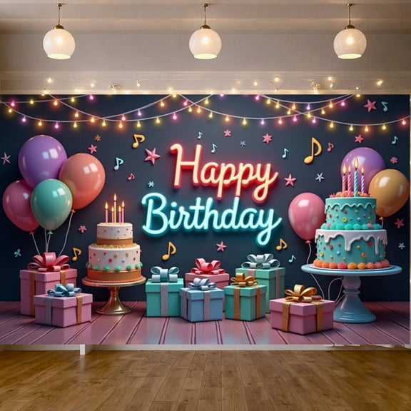 Neon Style Banner Colorful Balloons Birthday Display Cake Decorations Music Notes Party Backdrop for Birthday Party Kids Celebration Indoor Party