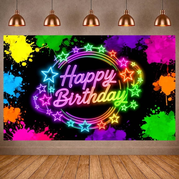 Neon Style Banner Colorful Star Celebration Backdrop Glowing Effect Splatter Paint Design Party Background for Birthday Parties Indoor Events Photo Shoots