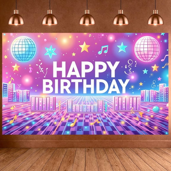 Neon Style Banner Disco Ball Birthday Party Display Glitter Stars City Skyline Party Backdrop for Birthday Party Disco Celebration Indoor Event