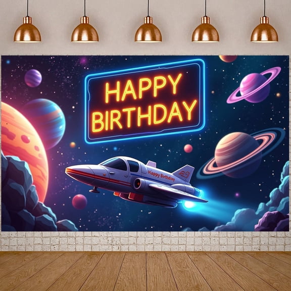 Neon Style Banner Space Theme Space Birthday Display Planets Design Starry Pattern Neon Birthday Backdrop for Birthday Party Kids Celebration Indoor Decoration