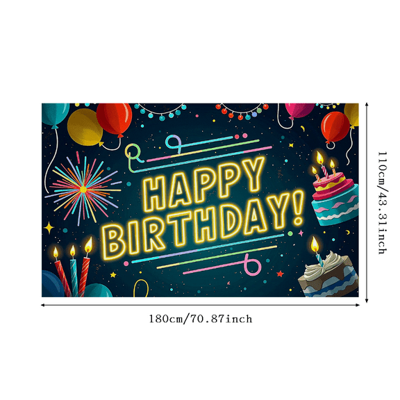 Neon Style Happy Birthday Banner with Balloons Fireworks Cake Backdrop Party Supplies Birthday Decoration Photography Props Birthday Party Decorations