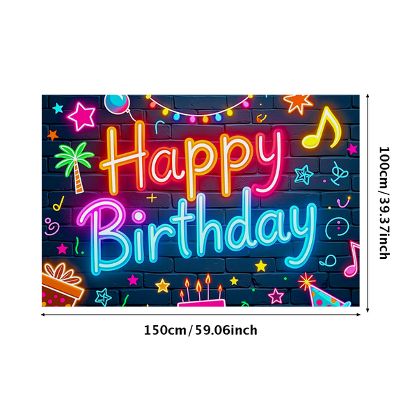 Neon Style Happy Birthday Banner with Party Elements Background for Birthday Party Decoration Photography Props Party Supplies Backdrop Decors