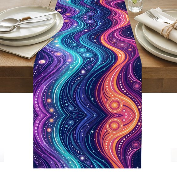 Neon Style Table Runner, Abstract Boho Colorful Flowing Waves Cotton Linen Kitchen Dining Table Runner Cloth Dresser Scarf Decoration for Party Home Decor 13x48in