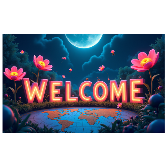 Neon Style Welcome Banner with Floral Elements and World Map Design Party Decorations Backdrop Photography Props for Gatherings Events and Celebrations