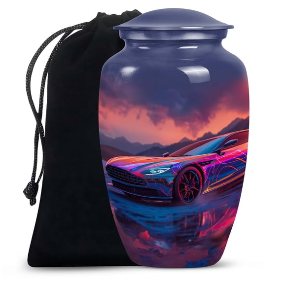 Neon Sunset Dreamscape Car - Cremation Urns For Adult Ashes Women - Exalted Large Capacity Urn for Human Ashes - Adult Female Elegant Keeper - Memorial Decor 10 Inch