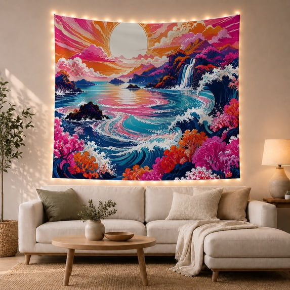 Neon Sunset Over Ocean Waves with Islands and Waterfall, Dreamy Psychedelic for Nature Lovers, Coastal Wall Art, Housewarming Gift, Tapestry Wall Hanging for Bedroom and Living Room