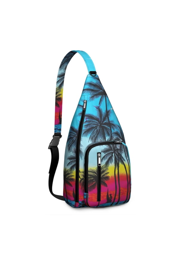 Neon Sunset Palm Tree Sling Backpack – Aesthetic Tropical Beach Daypack with Vibrant Purple Orange Sunset, Lightweight & Boho Travel Crossbody Bag for Summer Adventures