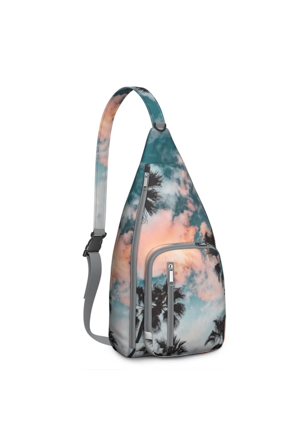 Neon Sunset Palm Tree Sling Backpack – Aesthetic Tropical Beach Daypack with Vibrant Purple Orange Sunset, Lightweight & Boho Travel Crossbody Bag for Summer Adventures