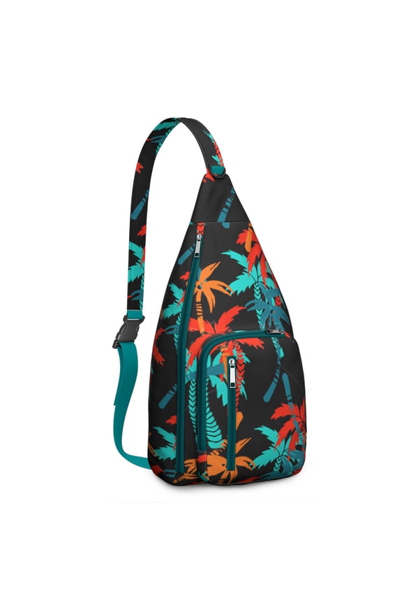 Neon Sunset Palm Tree Sling Backpack – Aesthetic Tropical Beach Daypack with Vibrant Purple Orange Sunset, Lightweight & Boho Travel Crossbody Bag for Summer Adventures
