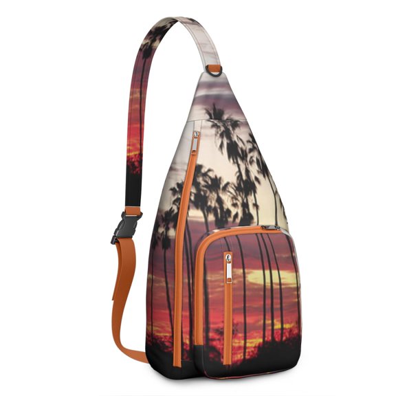 Neon Sunset Palm Tree Sling Backpack – Aesthetic Tropical Beach Daypack with Vibrant Purple Orange Sunset, Lightweight & Boho Travel Crossbody Bag for Summer Adventures
