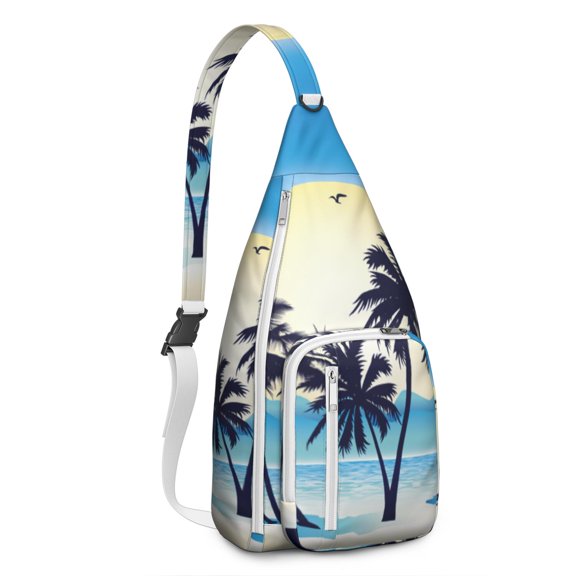 Neon Sunset Palm Tree Sling Backpack – Aesthetic Tropical Beach Daypack with Vibrant Purple Orange Sunset, Lightweight & Boho Travel Crossbody Bag for Summer Adventures
