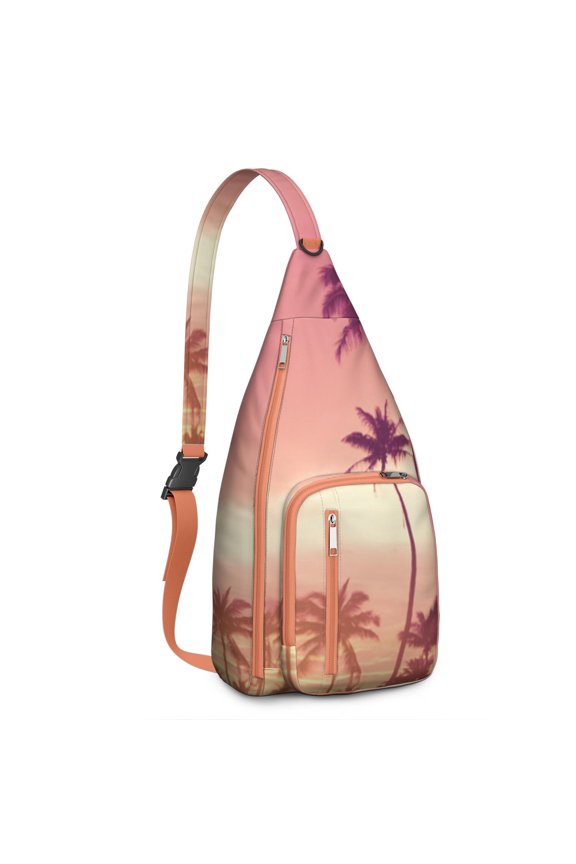 Neon Sunset Palm Tree Sling Backpack – Aesthetic Tropical Beach Daypack with Vibrant Purple Orange Sunset, Lightweight & Boho Travel Crossbody Bag for Summer Adventures