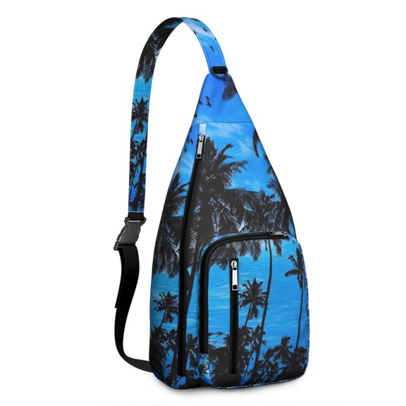 Neon Sunset Palm Tree Sling Backpack – Aesthetic Tropical Beach Daypack with Vibrant Purple Orange Sunset, Lightweight & Boho Travel Crossbody Bag for Summer Adventures