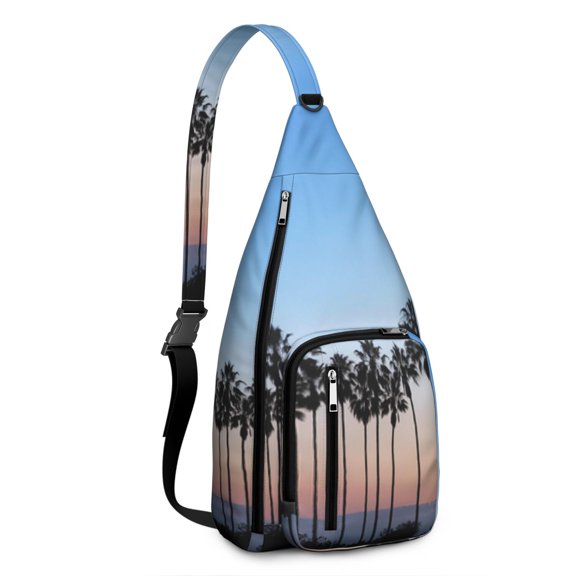 Neon Sunset Palm Tree Sling Backpack – Aesthetic Tropical Beach Daypack with Vibrant Purple Orange Sunset, Lightweight & Boho Travel Crossbody Bag for Summer Adventures