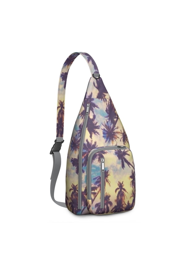 Neon Sunset Palm Tree Sling Backpack – Aesthetic Tropical Beach Daypack with Vibrant Purple Orange Sunset, Lightweight & Boho Travel Crossbody Bag for Summer Adventures