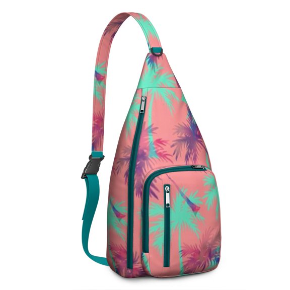 Neon Sunset Palm Tree Sling Backpack – Aesthetic Tropical Beach Daypack with Vibrant Purple Orange Sunset, Lightweight & Boho Travel Crossbody Bag for Summer Adventures