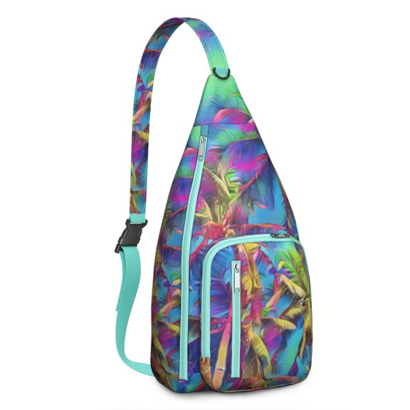 Neon Sunset Palm Tree Sling Backpack – Aesthetic Tropical Beach Daypack with Vibrant Purple Orange Sunset, Lightweight & Boho Travel Crossbody Bag for Summer Adventures