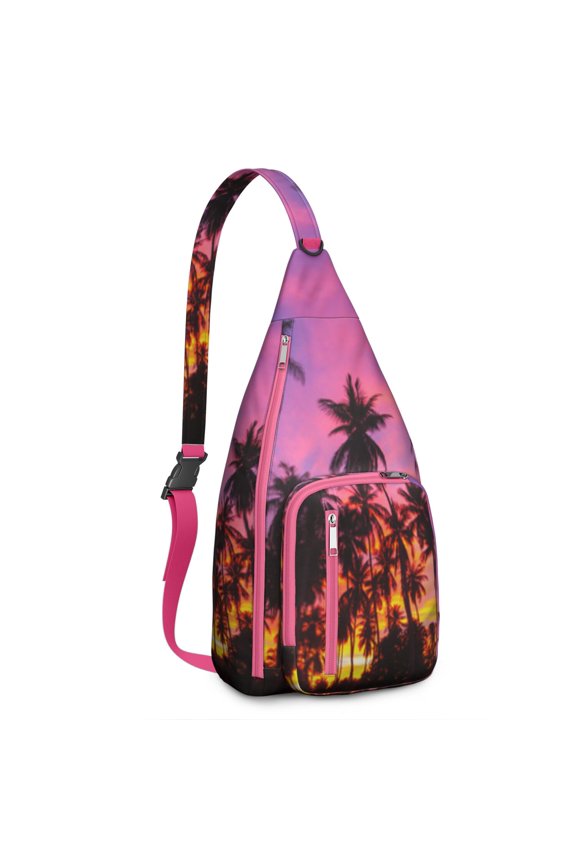 Neon Sunset Palm Tree Sling Backpack – Aesthetic Tropical Beach Daypack with Vibrant Purple Orange Sunset, Lightweight & Boho Travel Crossbody Bag for Summer Adventures