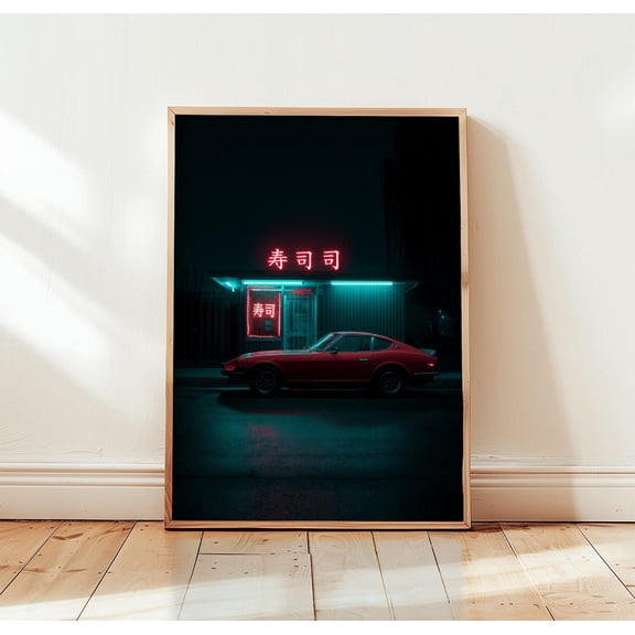 Neon Sushi Car Poster Japanese Cyberpunk Night Wall Art 1