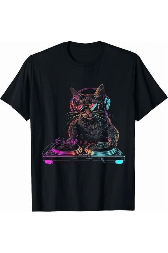 Neon Synthwave Cat DJ Unisex Cat Lover Gift Graphic Short Sleeve Tee Shirt