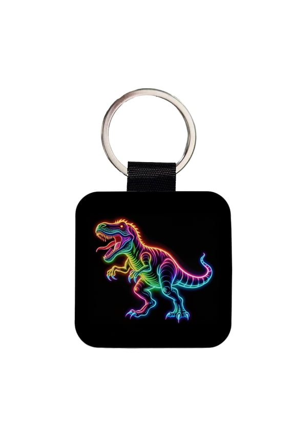 Neon T-Rex Dinosaur Faux Leather Square Keychain