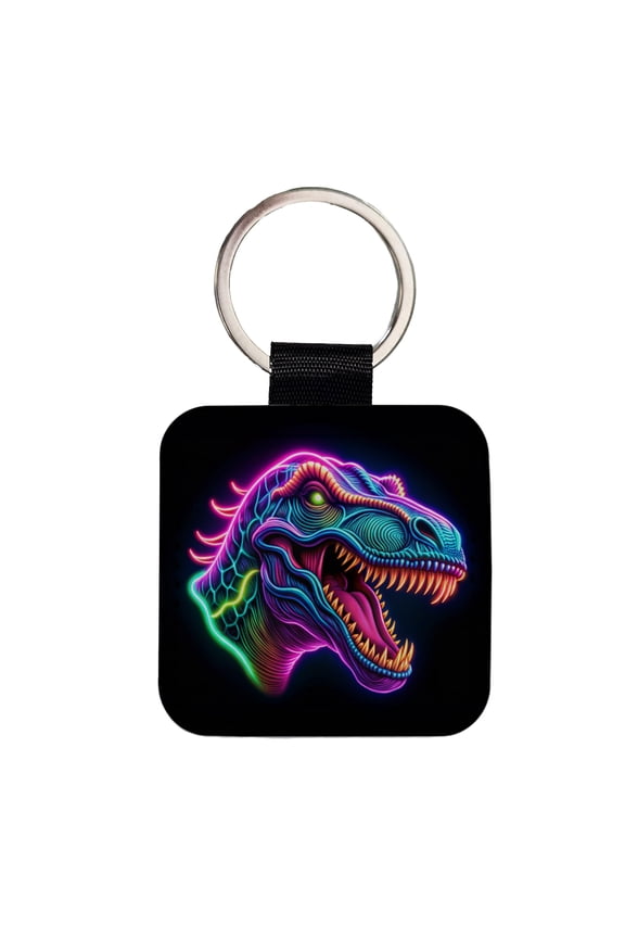 Neon T-Rex Dinosaur Head Faux Leather Square Keychain