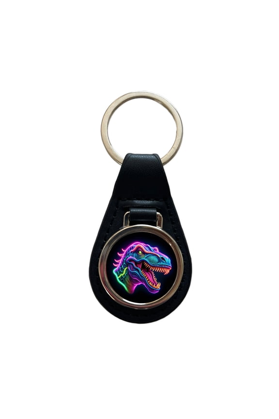 Neon T-Rex Dinosaur Head Metal Black Leather Keychain