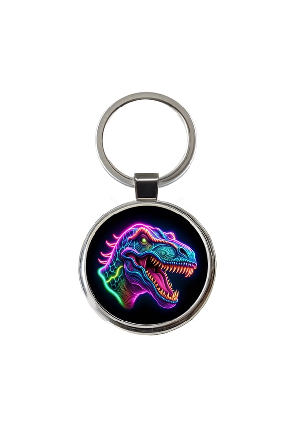 Neon T-Rex Dinosaur Head Metal Round Keychain