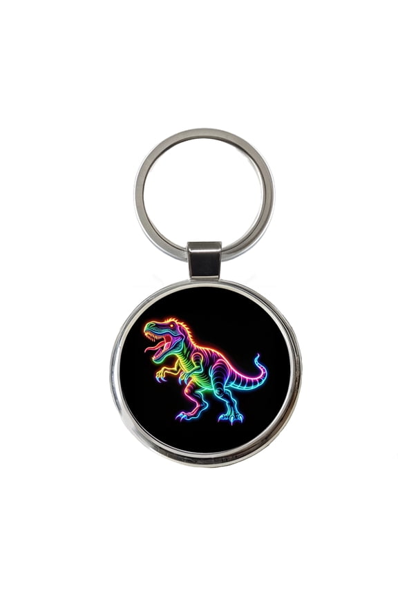 Neon T-Rex Dinosaur Metal Round Keychain