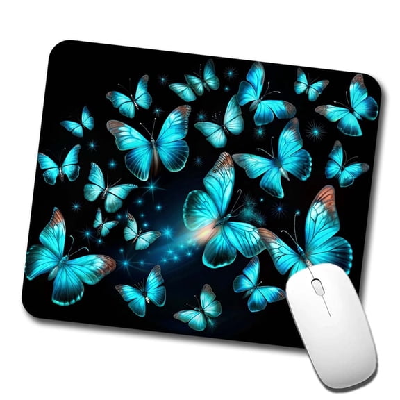 Neon Teal Blue Butterflies Mouse Pad Low Profile Gaming Mat