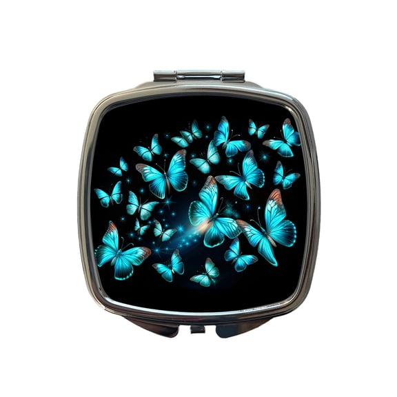 Neon Teal Blue Butterflies Travel Makeup Handbag Purse Small Pocket Compact Mirror