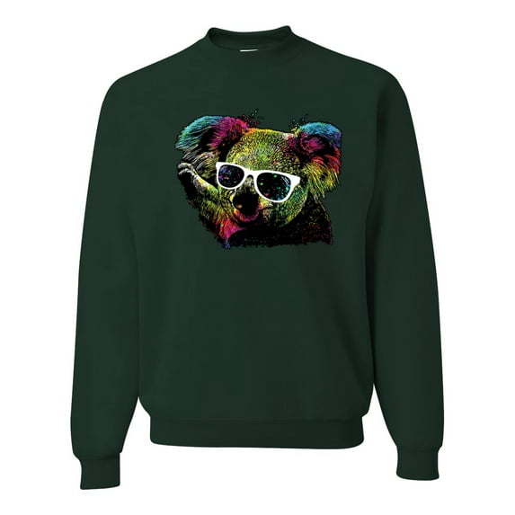 Neon Technicolor Trippy Party Rainbow Koala | Mens Animal Lover Crewneck Graphic Sweatshirt, Forest Green, 3XL