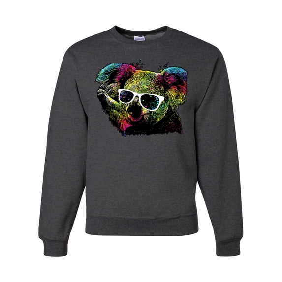 Neon Technicolor Trippy Party Rainbow Koala | Mens Animal Lover Crewneck Graphic Sweatshirt, Heather Black, Small