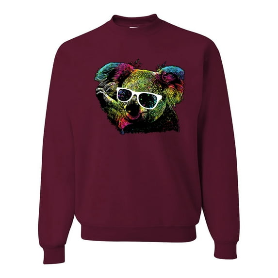 Neon Technicolor Trippy Party Rainbow Koala | Mens Animal Lover Crewneck Graphic Sweatshirt, Maroon, 3XL