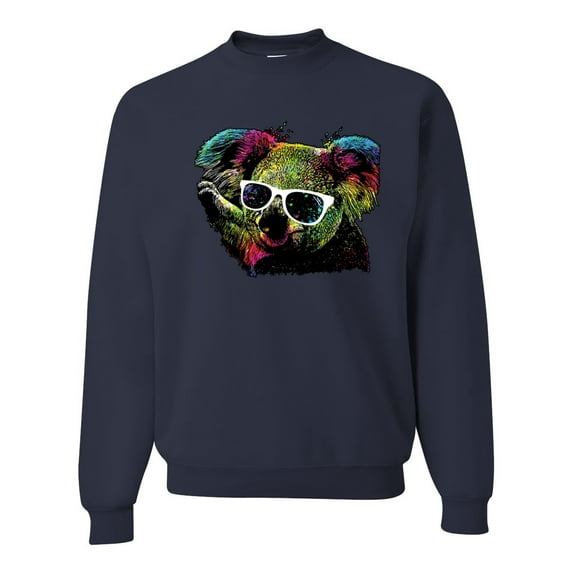 Neon Technicolor Trippy Party Rainbow Koala | Mens Animal Lover Crewneck Graphic Sweatshirt, Navy, Small