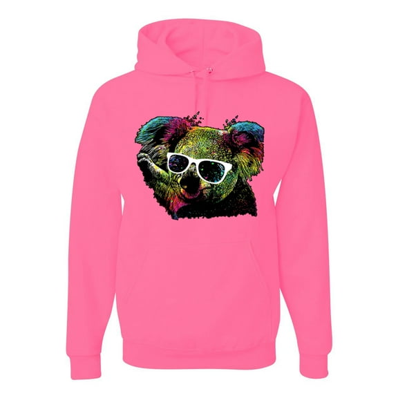 Neon Technicolor Trippy Party Rainbow Koala | Mens Animal Lover Hooded Sweatshirt Graphic Hoodie, Neon Pink, Large