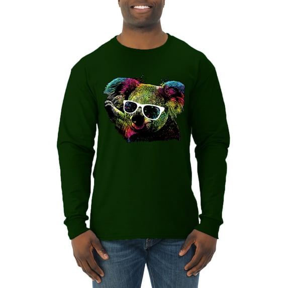 Neon Technicolor Trippy Party Rainbow Koala | Mens Animal Lover Long Sleeve T-Shirt, Forest Green, 2XL