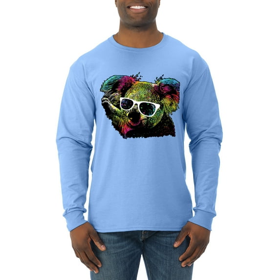 Neon Technicolor Trippy Party Rainbow Koala | Mens Animal Lover Long Sleeve T-Shirt, Light Blue, 3XL