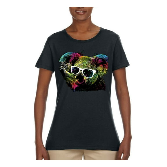 Neon Technicolor Trippy Party Rainbow Koala | Womens Animal Lover Graphic T-Shirt, Black, Small
