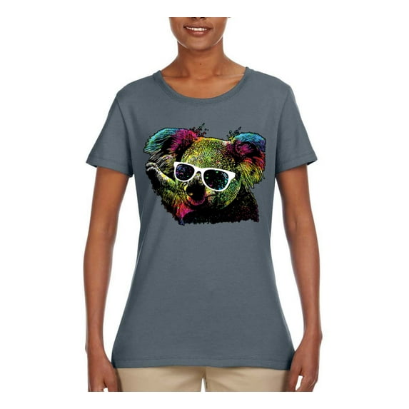 Neon Technicolor Trippy Party Rainbow Koala | Womens Animal Lover Graphic T-Shirt, Charcoal, 2XL